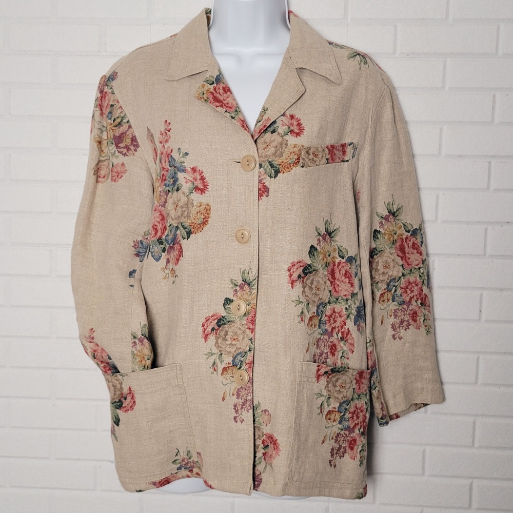 Vintage 1990s Karen Kane Linen Blazer XS Beige Floral Oversized Jacket